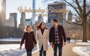 Ultra-realistic lifestyle photo of a beautiful happy family walking together in Central Park, New York, USA. Capture a joyful, warm, uplifting mood with soft winter sunlight, gentle breeze, fallen leaves, and iconic NYC skyline in the background. Family wearing cozy winter outfits, smiling naturally. Add bold luxury 3D gold text above the family: “Wednesday Blessings — December 2025”. Use cinematic tones, shallow depth of field, professional portrait lens, 8K detail, rich colors, clean composition, magazine-style photography.