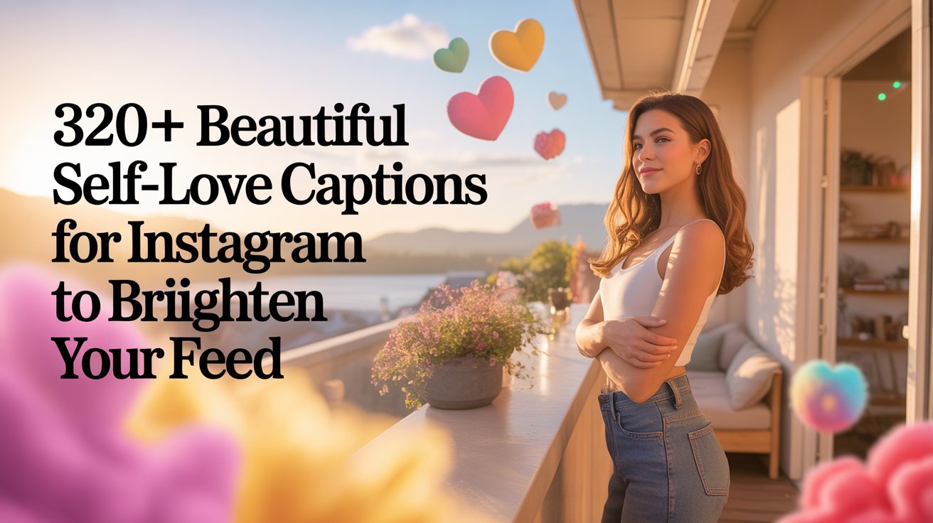 Text on image: “320+ Beautiful Self-Love Captions for Instagram to Brighten Your Feed” in bold, elegant, modern font at the top or center. Scene description: Create a vibrant, uplifting, and dreamy aesthetic scene showing a confident young woman standing on a sunlit balcony, surrounded by soft glowing light, warm golden sunlight, and floating pastel-colored heart shapes. Add subtle lens flare and soft bokeh background with abstract flowers, clouds, or cozy home vibes. Include warm tones, calm energy, and serene self-love mood. The composition should feel empowering, aesthetically beautiful, and Instagram-ready. Style/Quality: Hyper-realistic, cinematic lighting, ultra-sharp details, soft shadows, pastel color palette, modern flat-lay and lifestyle mix, high-resolution 4K, social media aesthetic, visually inspiring, cheerful, and motivational vibe.