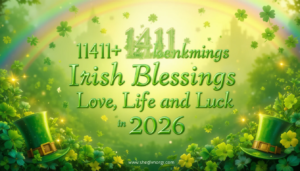 Create a vibrant and uplifting image for “🍀✨ 141+ Irish Blessings for Love, Life, and Luck in 2026 🌈☘️.” Use a bright, cheerful color palette with greens, golds, rainbow accents, and warm sunlight tones. Include Irish-themed elements like shamrocks, rainbows, leprechaun hats, clovers, and soft glowing lights. Overlay the title text prominently: “🍀✨ 141+ Irish Blessings for Love, Life, and Luck in 2026 🌈☘️” in a bold, elegant, readable font that conveys joy, positivity, and luck. The overall mood should feel festive, magical, and inspiring. Include the website logo subtly in the corner. Optional Style Tags: digital illustration, festive, Irish-themed, cheerful, inspirational, luck, magical, vibrant, heartwarming.
